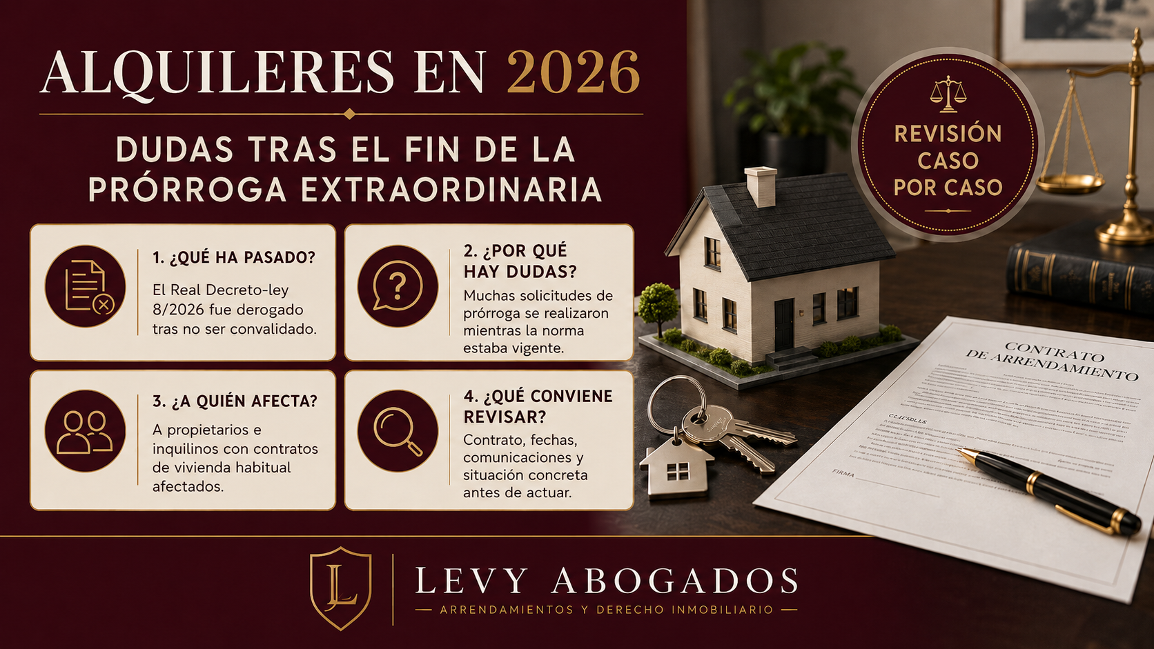 Infografía sobre alquileres en 2026, prórroga extraordinaria, propietarios e inquilinos tras la derogación del Real Decreto-ley 8/2026