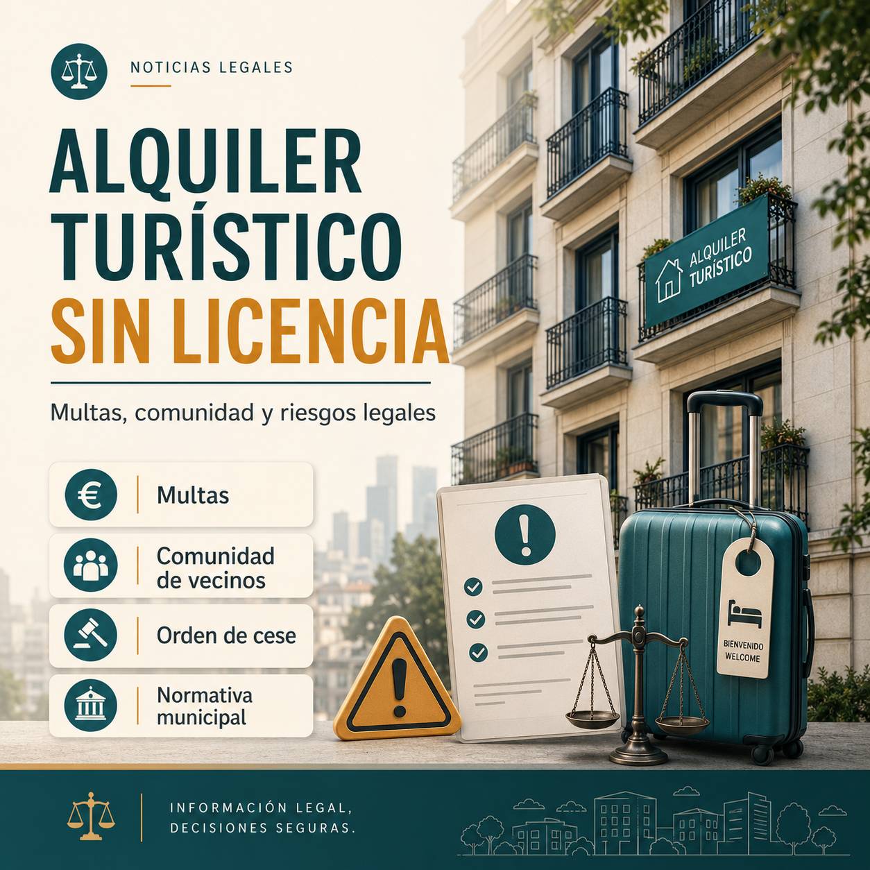 Infografía sobre alquiler turístico sin licencia, multas, comunidad de vecinos, licencia municipal y riesgos legales para propietarios