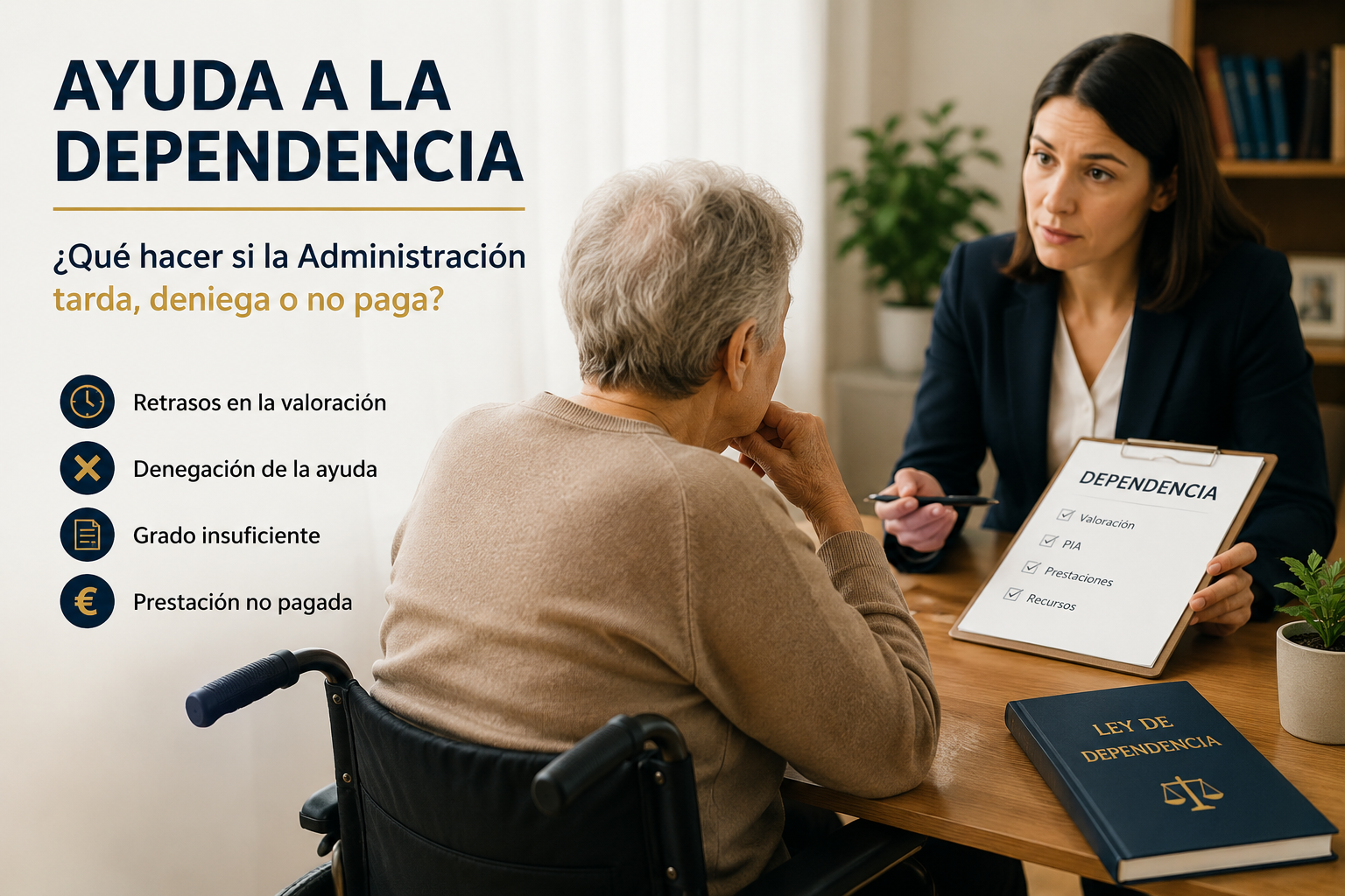 Infografía sobre reclamar ayuda dependencia, retrasos administrativos, grado insuficiente, denegación y prestación no pagada