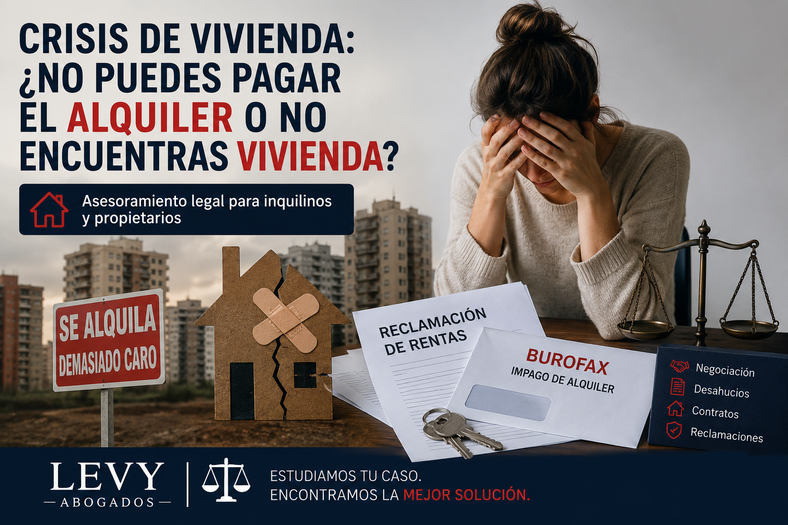 Infografía sobre crisis de vivienda, problemas de alquiler, impago, burofax, desahucio y asesoramiento legal