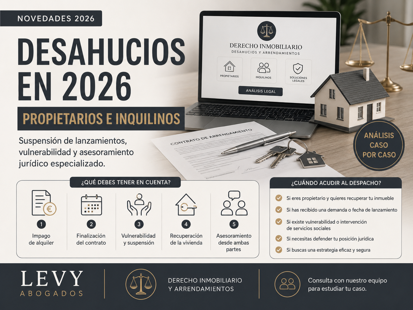 Infografía sobre desahucios en 2026, suspensión de lanzamientos y asesoramiento jurídico para propietarios e inquilinos