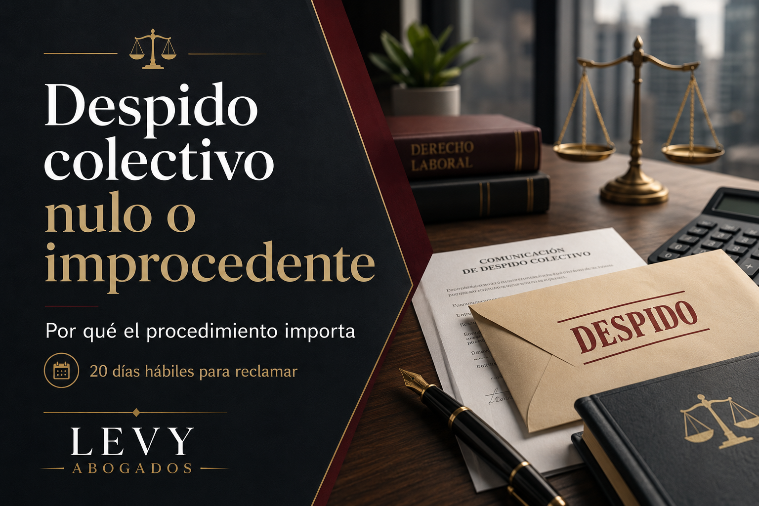 Infografía sobre despido colectivo nulo, errores de forma, despido improcedente, finiquito no conforme y plazo de 20 días para reclamar