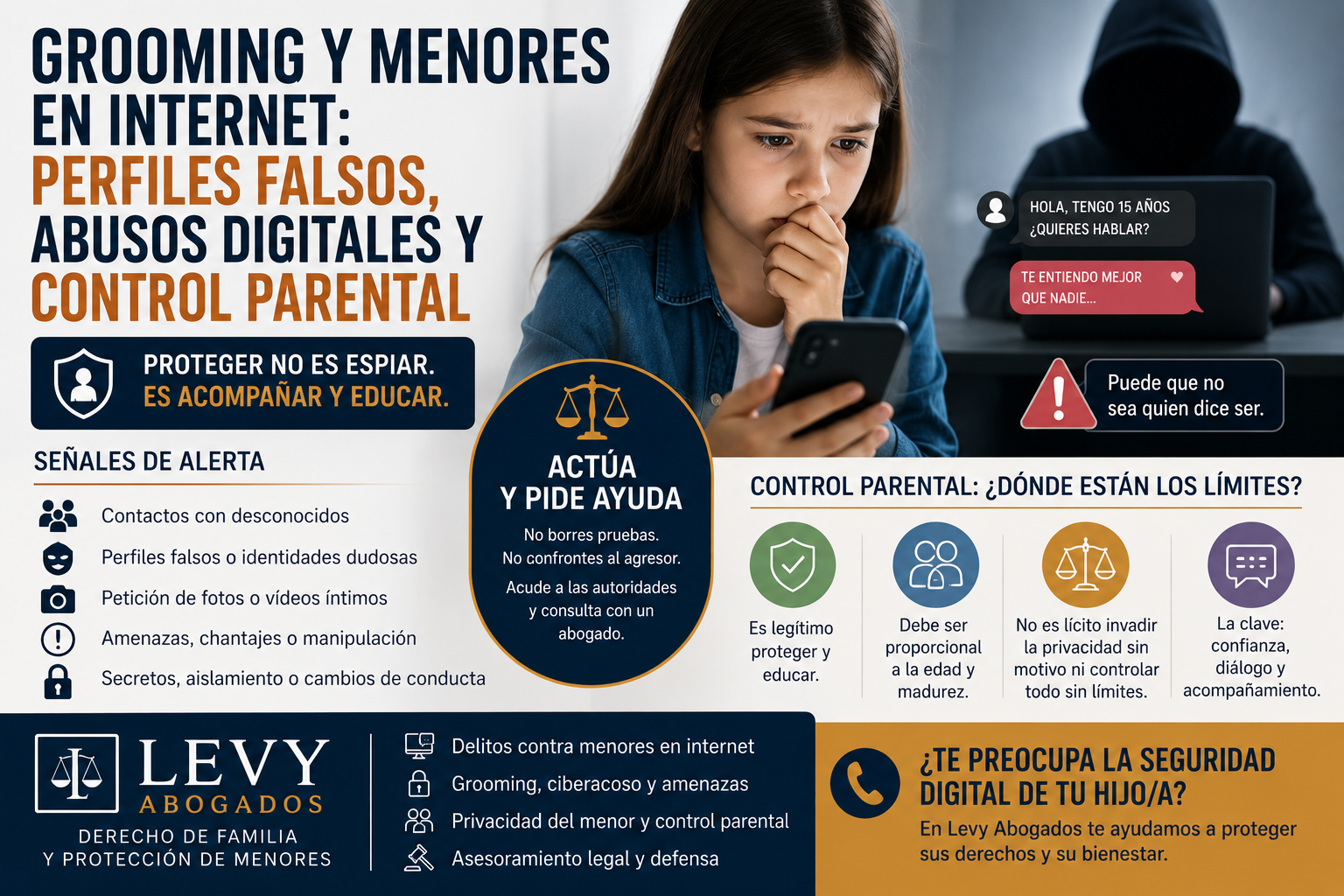 Infografía sobre grooming menores internet, perfiles falsos, abusos digitales, control parental y privacidad del menor