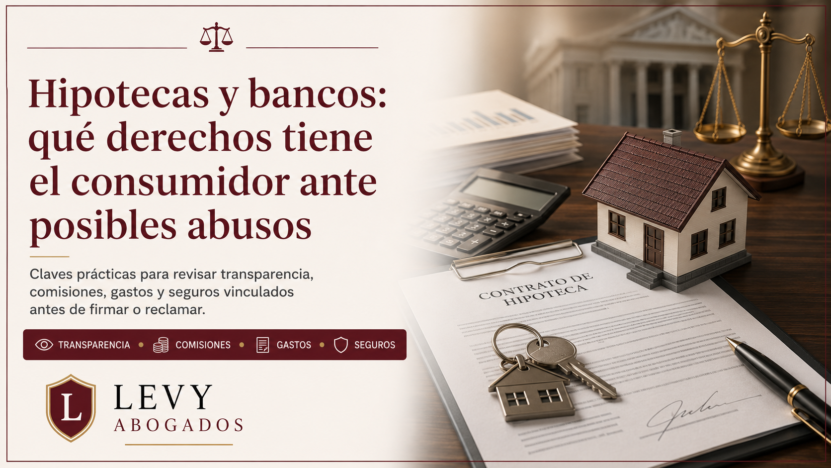 Infografía sobre abusos hipotecarios, derechos del consumidor, bancos, comisiones, seguros vinculados y reclamaciones hipotecarias