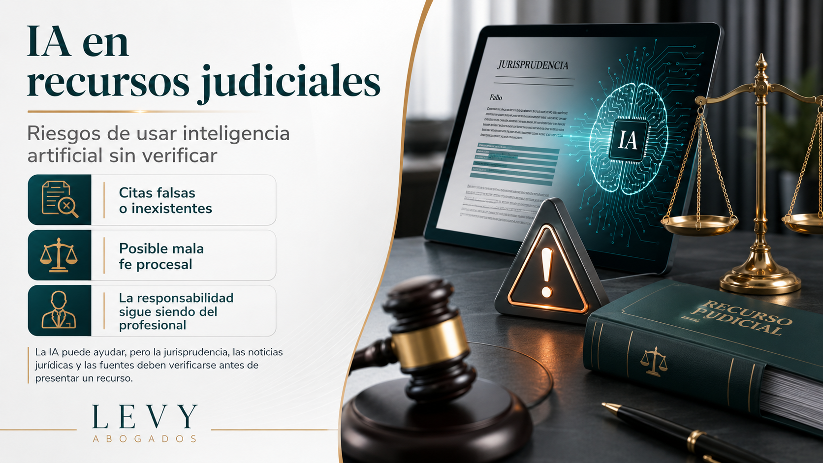 Infografía sobre IA en recursos judiciales, sentencias falsas, jurisprudencia no verificada, mala fe procesal y responsabilidad profesional