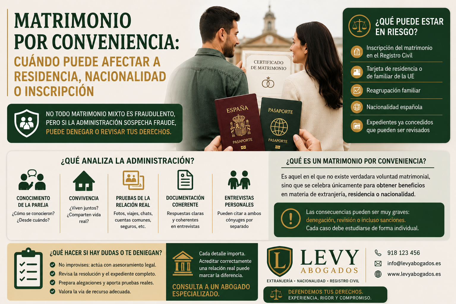 Infografía sobre matrimonio por conveniencia, residencia por matrimonio, nacionalidad española, inscripción en el Registro Civil y extranjería
