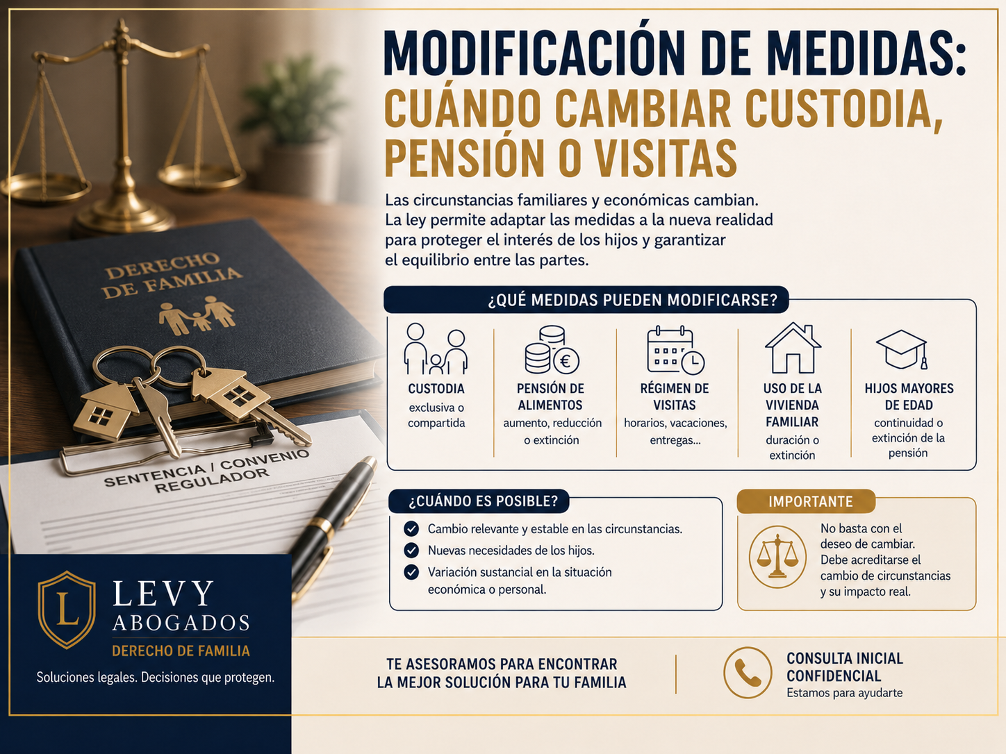 Infografía sobre modificación de medidas, custodia, pensión de alimentos, régimen de visitas y vivienda familiar