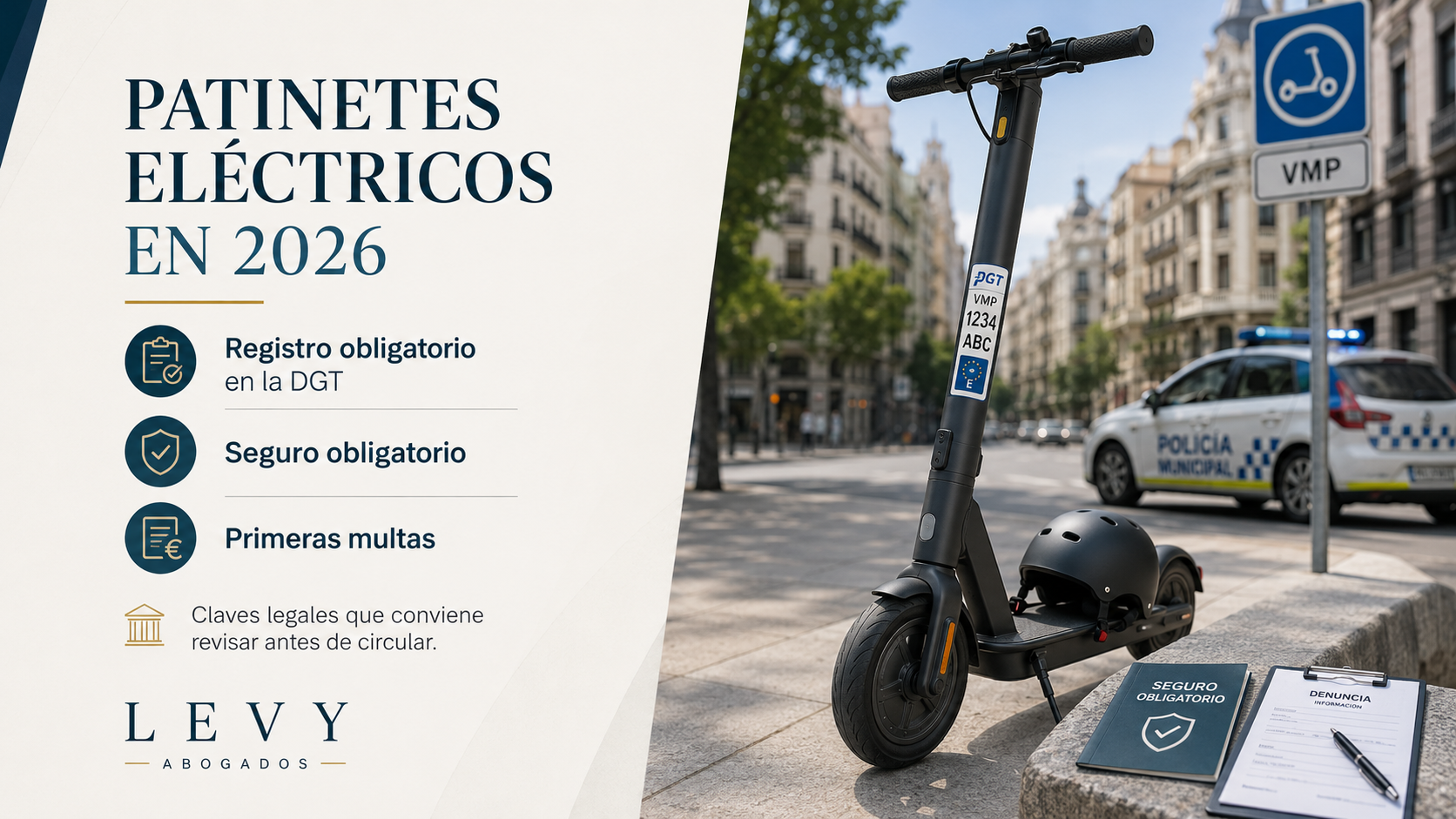 Infografía sobre patinetes eléctricos en 2026, registro obligatorio en la DGT, seguro obligatorio y primeras multas