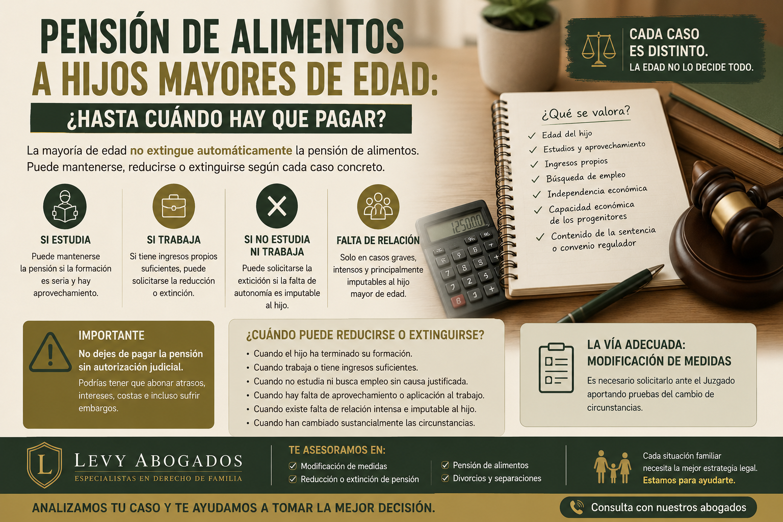 Infografía sobre pensión de alimentos a hijos mayores de edad, extinción, reducción, estudios, trabajo y modificación de medidas