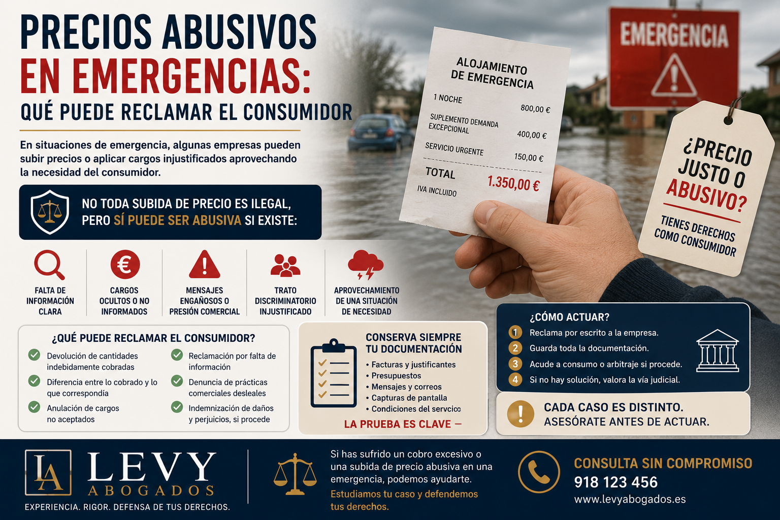 Infografía sobre precios abusivos en emergencias, derechos del consumidor, prácticas comerciales desleales y reclamaciones de consumo
