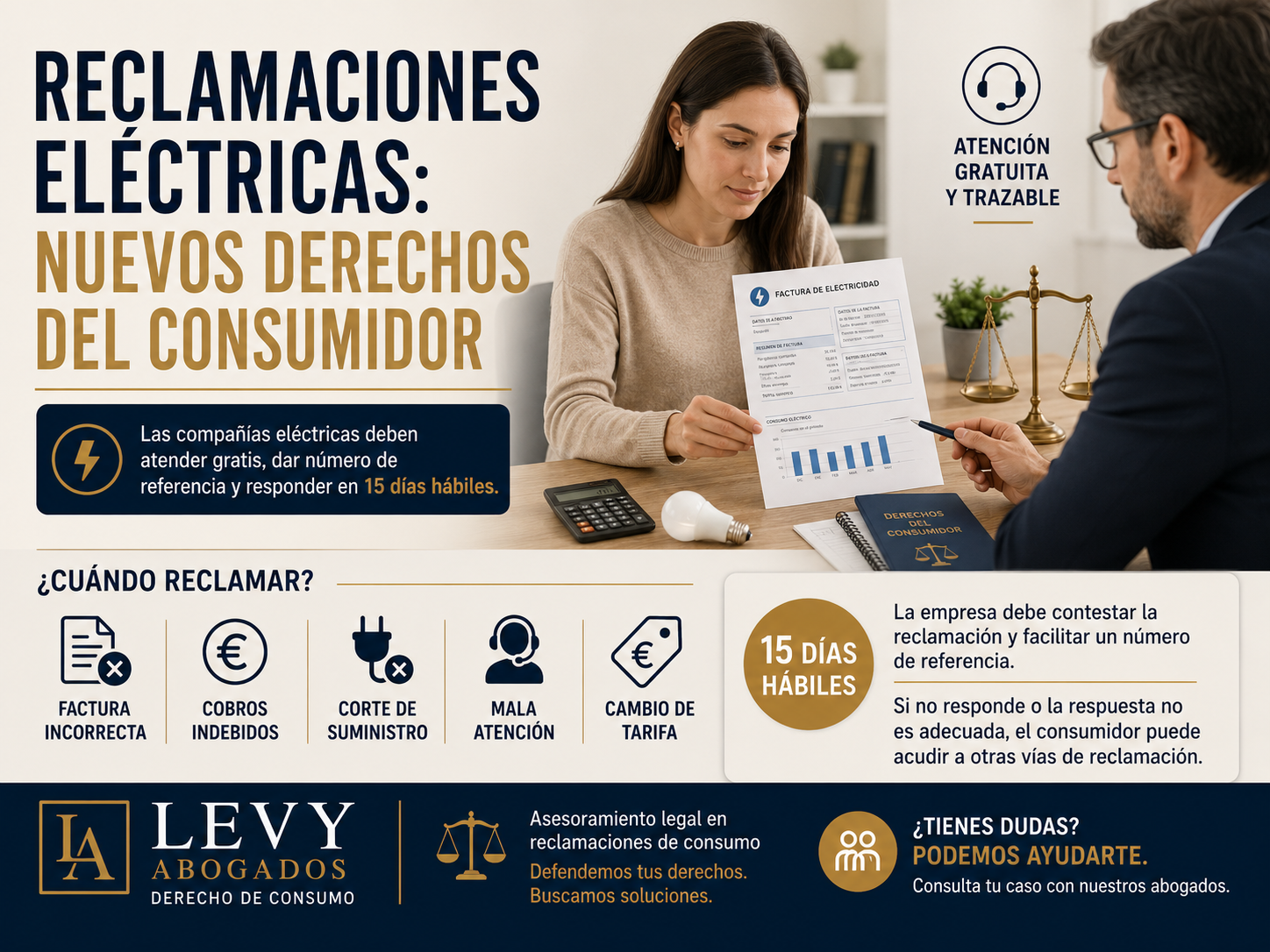 Consumidor revisando una factura de la luz y preparando una reclamación contra una compañía eléctrica