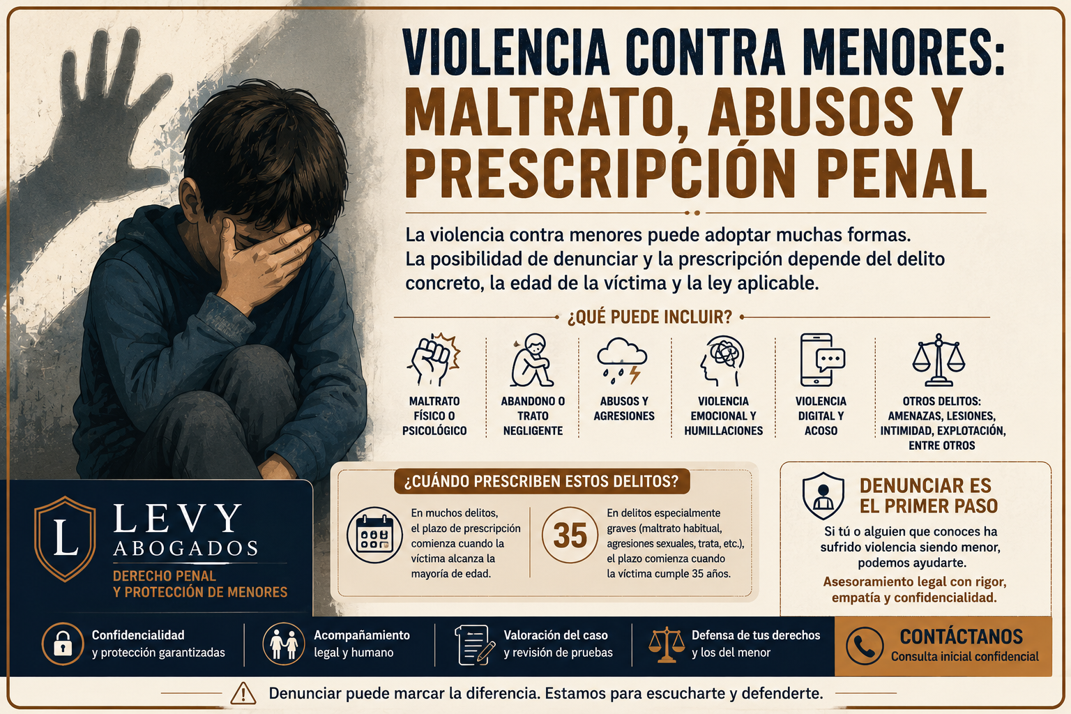Infografía jurídica sobre violencia contra menores, maltrato, abusos, denuncia años después