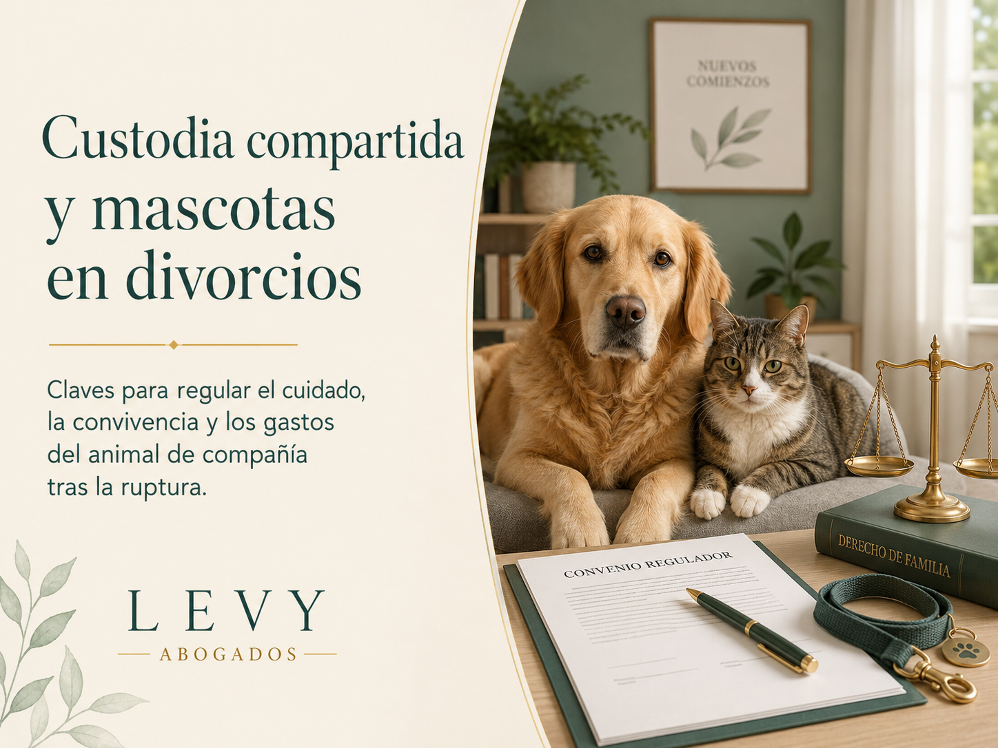 Infografía sobre custodia compartida de mascotas en divorcios, convenio regulador, gastos veterinarios y bienestar animal