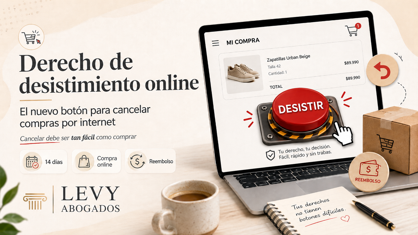 Infografía sobre derecho de desistimiento online, botón para cancelar compras por internet, devoluciones y reclamaciones de consumo