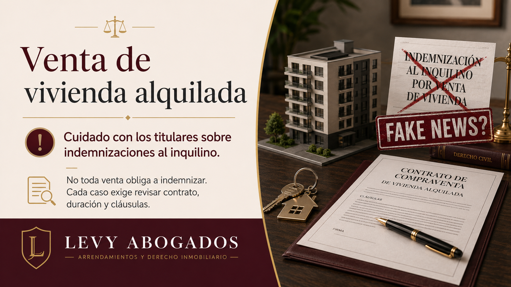 Infografía sobre venta de vivienda alquilada, indemnización al inquilino y artículo 14 de la Ley de Arrendamientos Urbanos