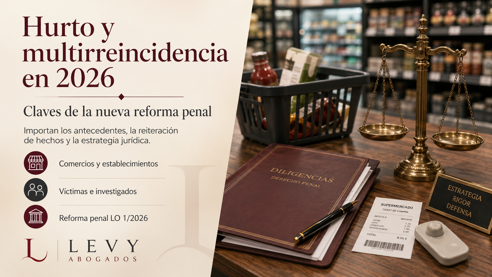 Infografía sobre multirreincidencia en hurtos y reforma penal de 2026 para comercios, víctimas e investigados