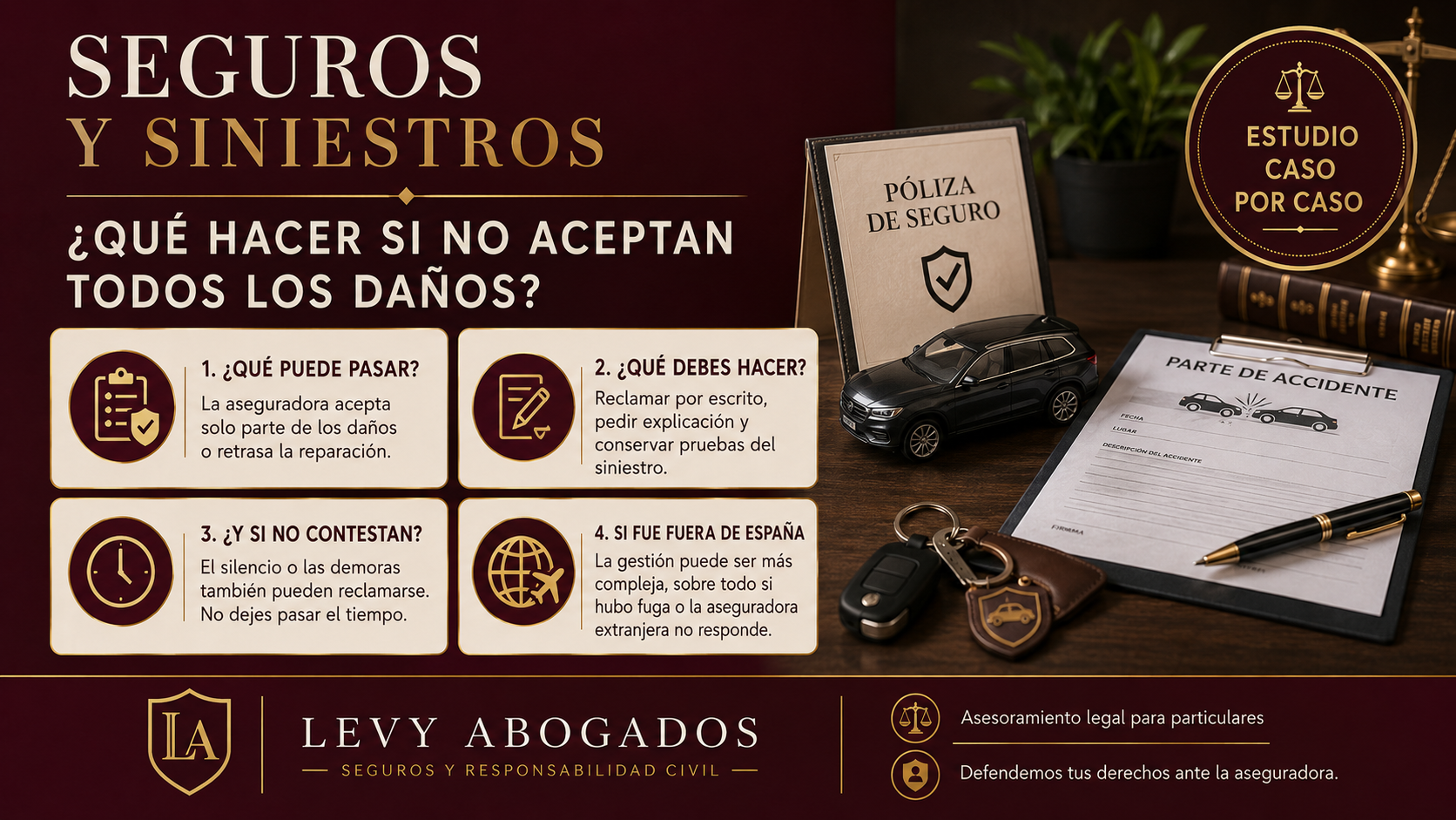 Persona revisando una póliza de seguro y una reclamación por daños no aceptados tras un siniestro