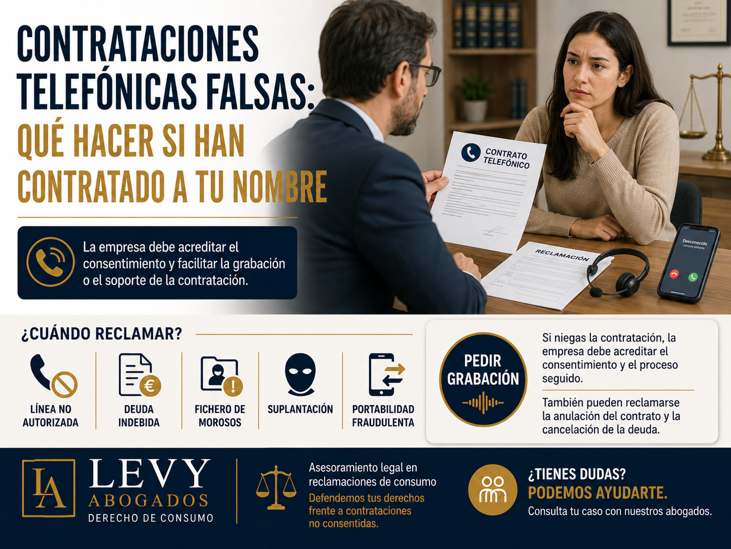 Persona revisando una reclamación por contrato telefónico sin consentimiento y posible suplantación de identidad