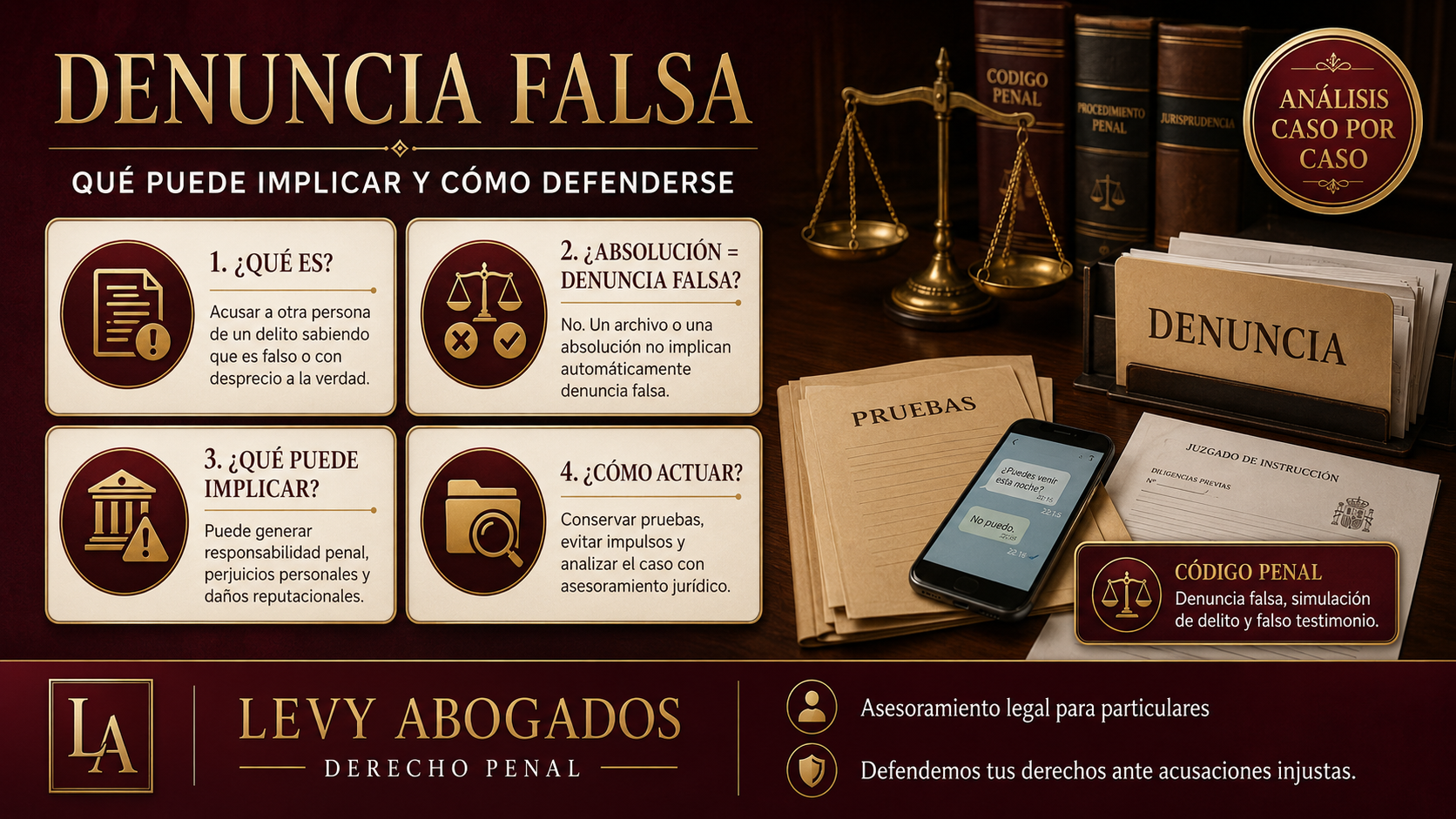Persona revisando una denuncia penal falsa con documentación judicial y asesoramiento legal