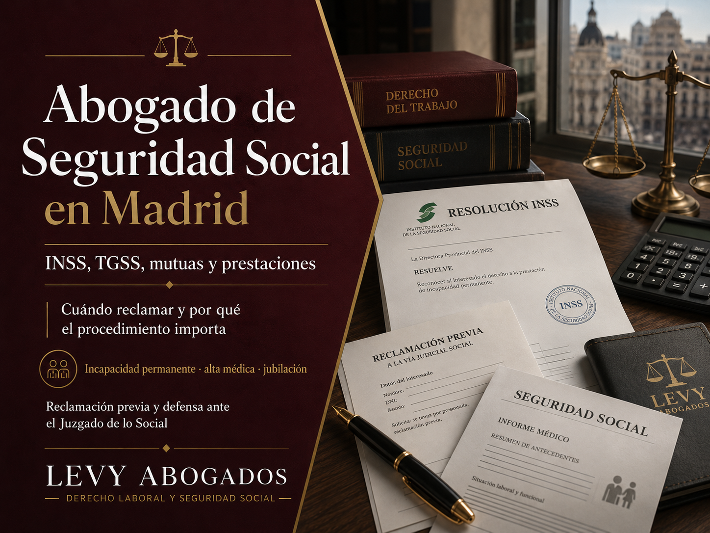 Abogado de Seguridad Social en Madrid revisando una resolución del INSS, informes médicos y documentación laboral