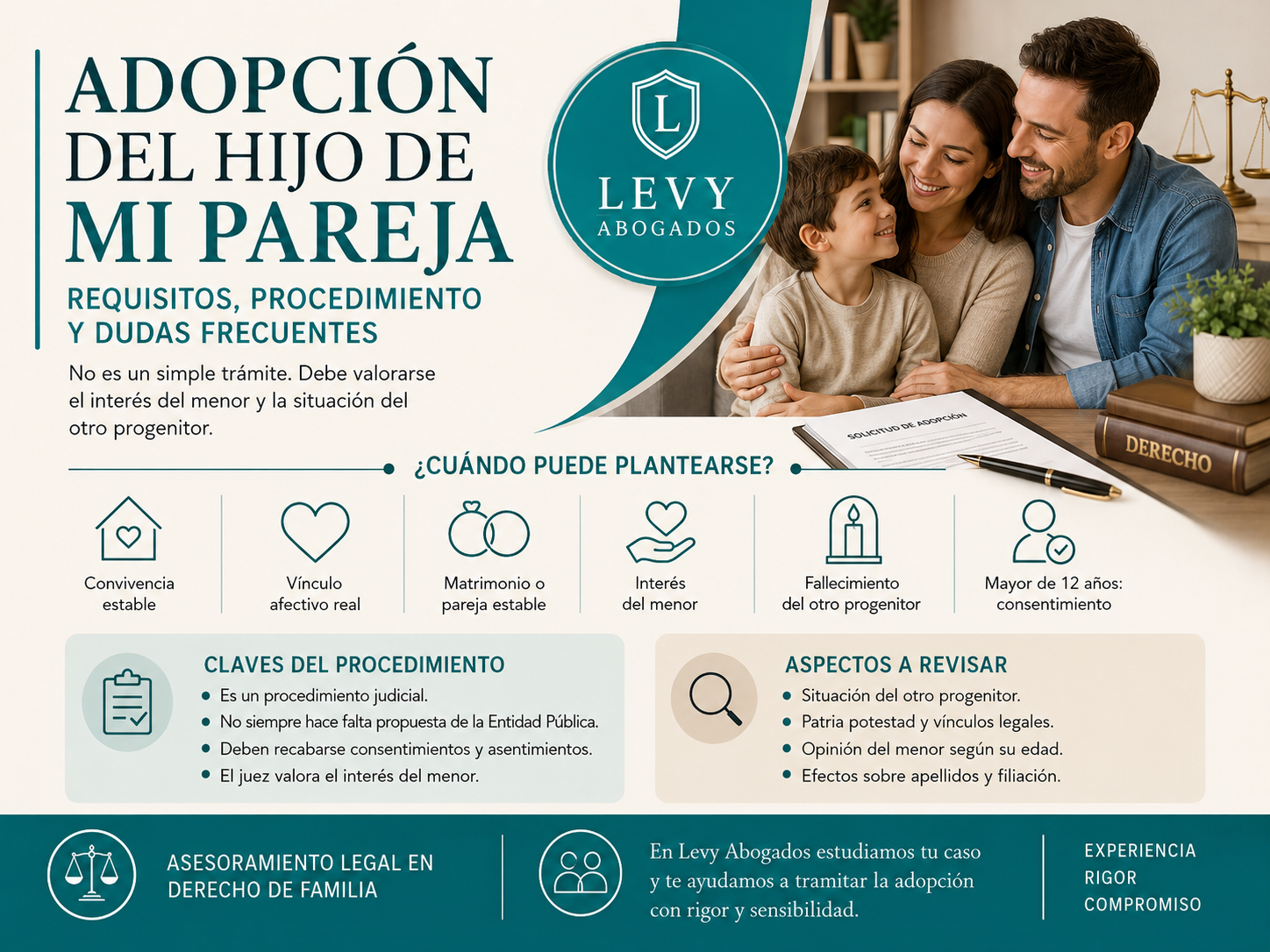 Familia reconstituida revisando con un abogado la adopción del hijo de la pareja y documentación judicial de familia