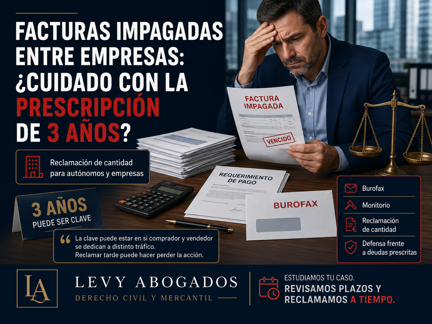 Abogado revisando facturas impagadas, contrato mercantil y plazo de prescripción de tres años